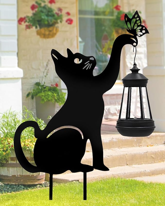 Black Cat Christmas Yard Decorations Outdoor - Solar Lights Outdoor Garden Decor Stake with Butterfly Decorative Metal Housewarming Ornament for Pathway Lawn Patio – Unique Gift for Woman Mom Grandma