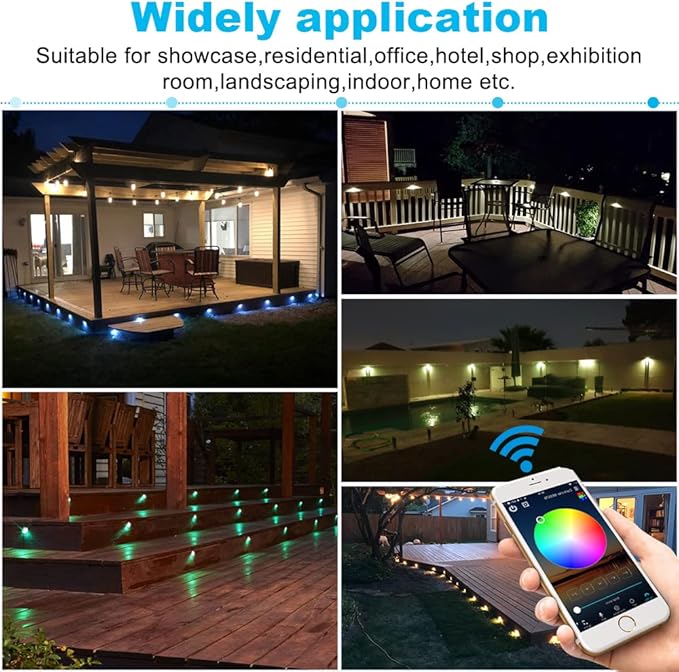 Aluminum Deck Stair Lights Kit, Φ1.02inch Wireless Smart Phone Control Low Voltage RGB Step Lights Waterproof Outdoor Deck Rail Stairs Fence Yard Landscape Lighting, Fit for Alexa, Google Home