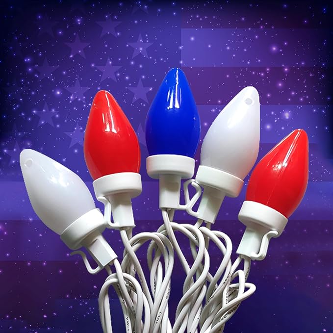 Red White and Blue Lights 25Ft C7 LED Christmas Light with 25 Shatterproof 4th of July Decorations String Lights, Plug in Patriotic Light for Outdoor Indoor July 4th Party Decor