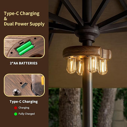 Dark Wood Grain Patio Umbrella Light with Remote Control, Rechargeable Cordless LED Edison Bulbs Pole Light with 10 Brightness Levels for Garden, Patio, Backyard, Camping or BBQ (1 Pack)