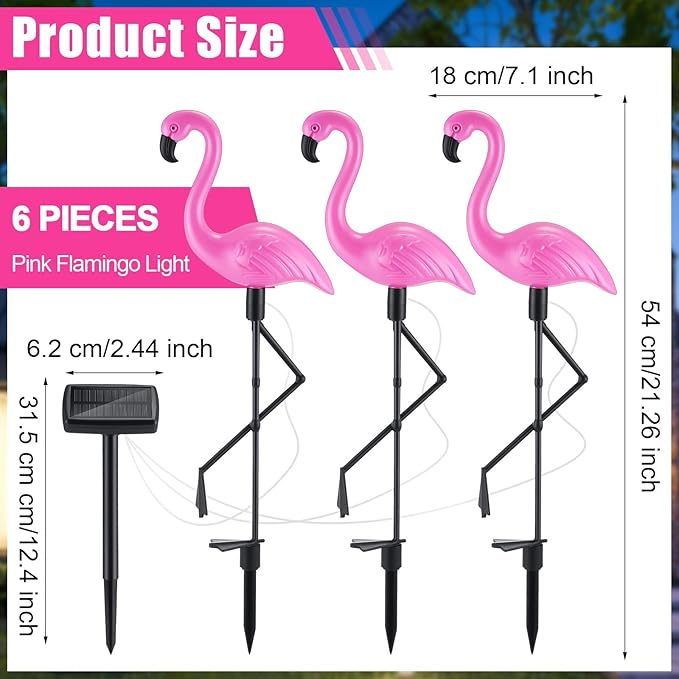 Geelin 6 Packs Pink Flamingo Solar Lights Outdoor Decoration Ip55 Waterproof Solar Powered Flamingo Garden Stake Light for Yard Patio Lawn Pathway Walkway Driveway Outside Decor