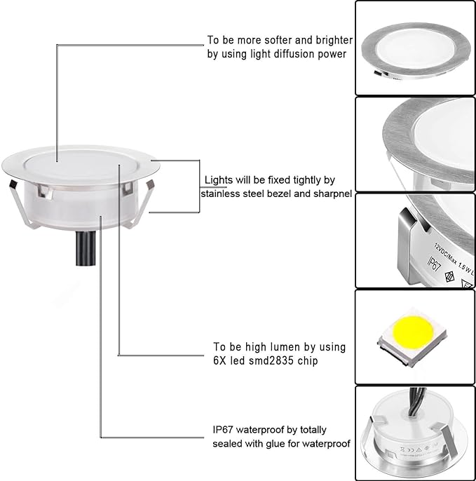SMY Lighting Recessed LED Deck Lights Kits 6 Pack, (Upgrade Version) Deck Lighting Waterproof IP67,Low Voltage LED Lights for Garden, Steps,Stair, Living Room, Bathroom, Patio, Pool Deck,Kitchen