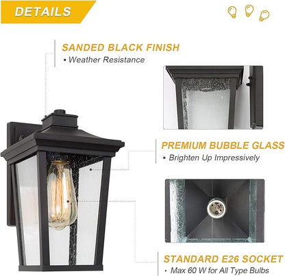 LALUZ Outdoor Porch Light Fixture Exterior Wall Sconce Lantern Mount with Seeded Glass for Patio, Balcony, Front Door, Entryway or Corridor (Black Finish), A03319s