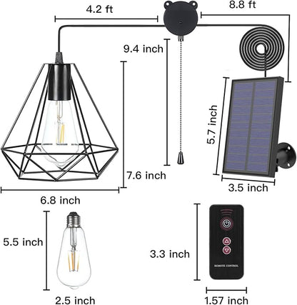 Solar Pendant Lights, Solar Powered Shed Light with Pull Cord and Remote for Outdoor Indoor, Solar Chandelier, Gazebo Lights with Adjustable Panel for Yard Patio Balcony Barn Garage