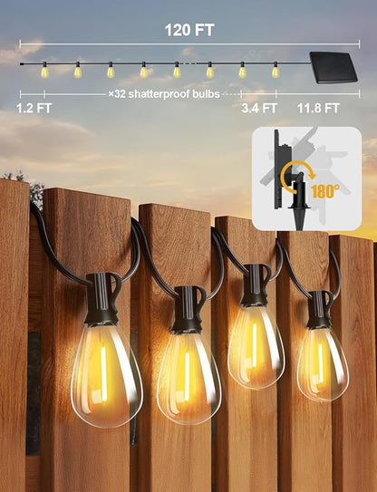 Tenmiro 120FT Solar Outdoor String Lights with Remote and 32+2 LED Shatterproof Bulbs Dimmable & Timing 3 Light Modes Solar Patio String Lights for Cafe, Garden, Deck, Outside Wedding Last for 10+Hrs
