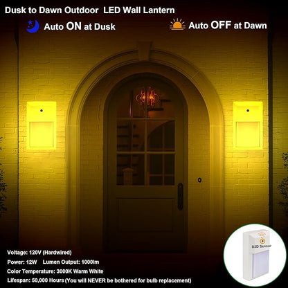 LIT-PaTH Dusk to Dawn Outdoor Wall Lantern, LED Wall Sconce for Porch Lighting Fixture 3000K, 12W 1000 Lumens, Aluminum Housing Plus PC, White Finish,2-Pack,