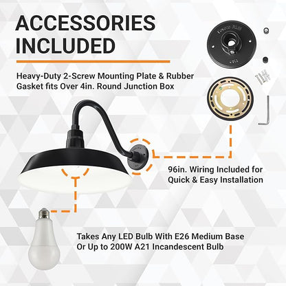 17in. Satin Black Outdoor Gooseneck Barn Light Fixture With 14.5 in. Long Extension Arm - Wall Sconce Farmhouse, Vintage, Antique Style - UL Listed - 9W 900lm A19 LED Bulb (5000K Cool White)