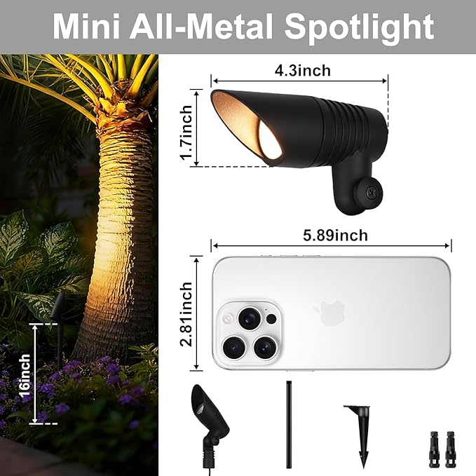 Mini Landscape Spotlights Low Voltage, 16'' Tall Pole, 5CCT 5W 12V LED Landscape Spot Lights Wired for Outdoor House Yard Palm Tree Pathway Path Sidewalk, 60° Beam Angle, Black, 6PK
