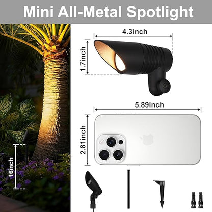 Mini Landscape Spotlights Low Voltage, 16'' Tall Pole, 5CCT 5W 12V LED Landscape Spot Lights Wired for Outdoor House Yard Palm Tree Pathway Path Sidewalk, 60° Beam Angle, Black, 6PK