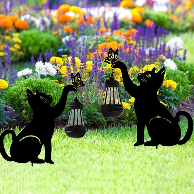 Garden Solar Cat Stake, Waterproof Landscape Path Lights,Metal Cat and Butterfly Decor Solar Garden Lights, Solar Laser Cut Cat Silhouette Stake for Outdoor Patio Yard Decorations