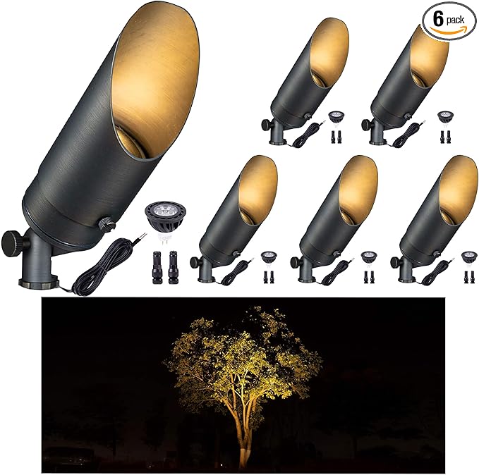 Gardenreet 12V Spot Lights Solid Brass - Outdoor Low Voltage Landscape Spotlight, Wired LED Uplights Waterproof, Stretchable Shroud Electric Bronze for Patio Wall with Warm White MR16 Bulb (6 Pack)