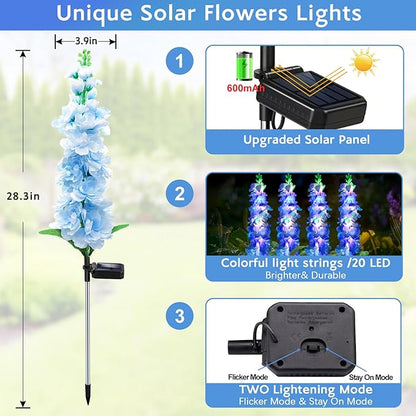 Solar Garden Lights, Solar Blue Delphinium Flowers Lights 8 Pack 160 LEDs, Waterproof Outdoor Light Two Lighting Modes for Outside Wedding Party Garden Yard Patio Lawn Decor