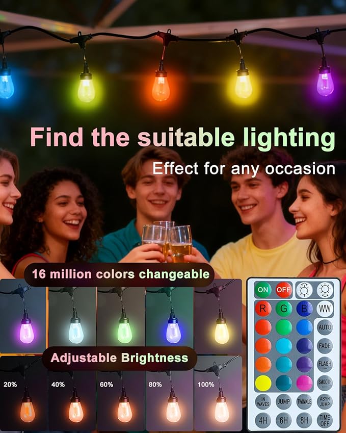 Lightdot 96FT Outdoor RGB String Lights - Dimmable Color Changing LED Patio Lights with Remote, Waterproof | Lumora
