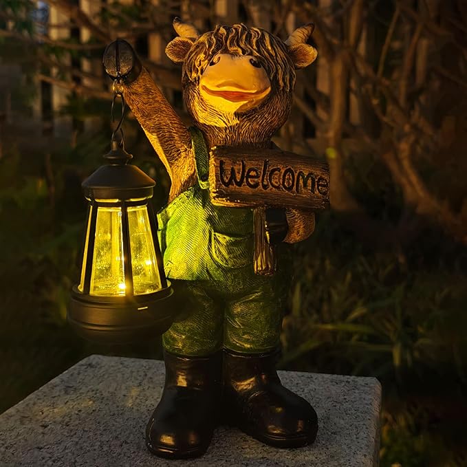 Solar Garden Decor Statues: Handmade Resin Statue with LED Light,Highland Cow Figurine Outdoor Garden Decor Unique | Lumora