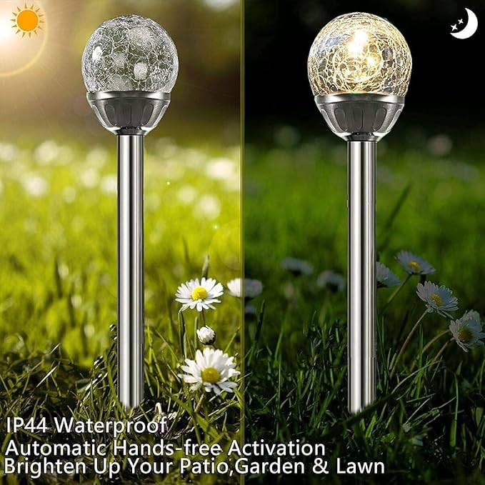 Solar Outdoor Lights, 4Pack Glass Cracked Ball LED Solar Garden Decorative Globe Light,Solar Stake Garden Lamp,Waterproof Solar Pathway Light for Patio Yard Lawn Decor (Warm White)
