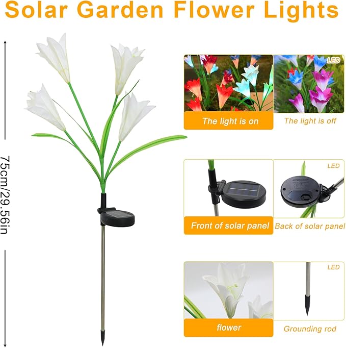 Garden 4 Pack LED Solar Flower Lights with More Realistic Lily Flowers Solar Garden Lights Outdoor Waterproof for Yard Patio Lawn Pathway Walkway Decoration 4-Pack Yellow & Pink & Blue & White Combo