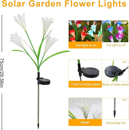 Garden 4 Pack LED Solar Flower Lights with More Realistic Lily Flowers Solar Garden Lights Outdoor Waterproof for Yard Patio Lawn Pathway Walkway Decoration 4-Pack Yellow & Pink & Blue & White Combo