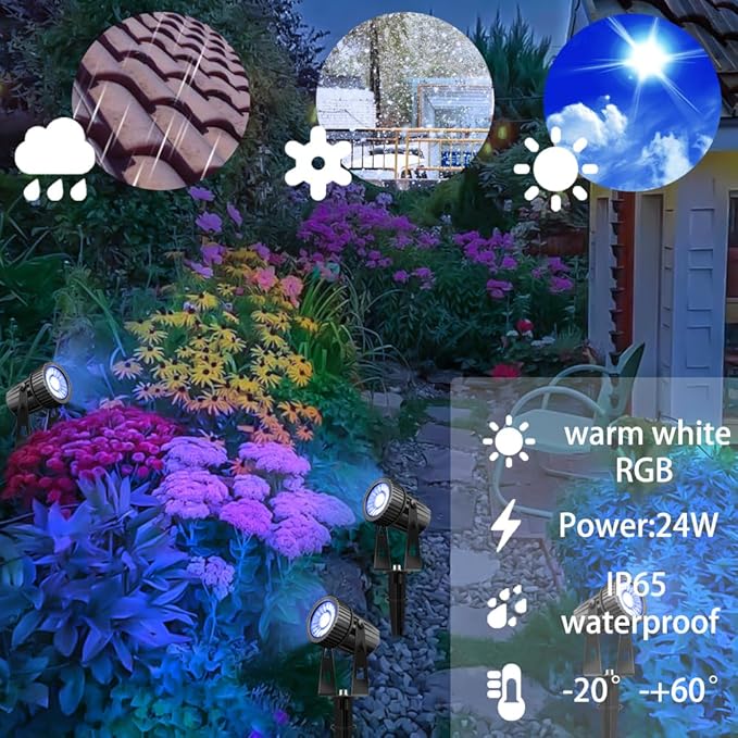 Smart Low Voltage Landscape Lights, Bluetooth Landscape Lighting, RGB Warm White LED Spotlights APP Control, 12V 24W Outdoor Yard Spot Lights with Spike Stand, Waterproof Garden Light Music Sync