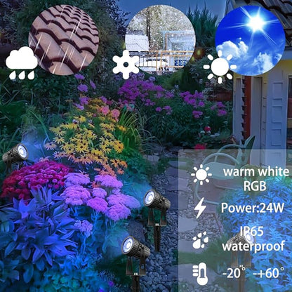 Smart Low Voltage Landscape Lights, Bluetooth Landscape Lighting, RGB Warm White LED Spotlights APP Control, 12V 24W Outdoor Yard Spot Lights with Spike Stand, Waterproof Garden Light Music Sync