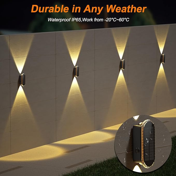 Ellasay Fence Lights Solar Powered: 4 Pack Solar Wall Lights Outdoor Up and Down IP67 Waterproof - 3 Colors Modes Brighter LED Lens Solar Lights Dusk to Dawn 12h for Backyard/Porch/Railing/Balcony