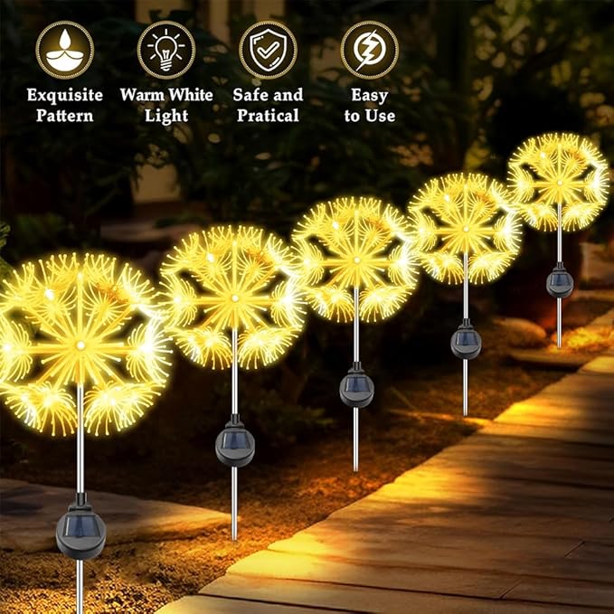 Solar Garden Lights Outdoor Waterproof Decorative, 2-Pack 19LED Warm White Fairy Light 8 Modes, Solar Firework | Lumora