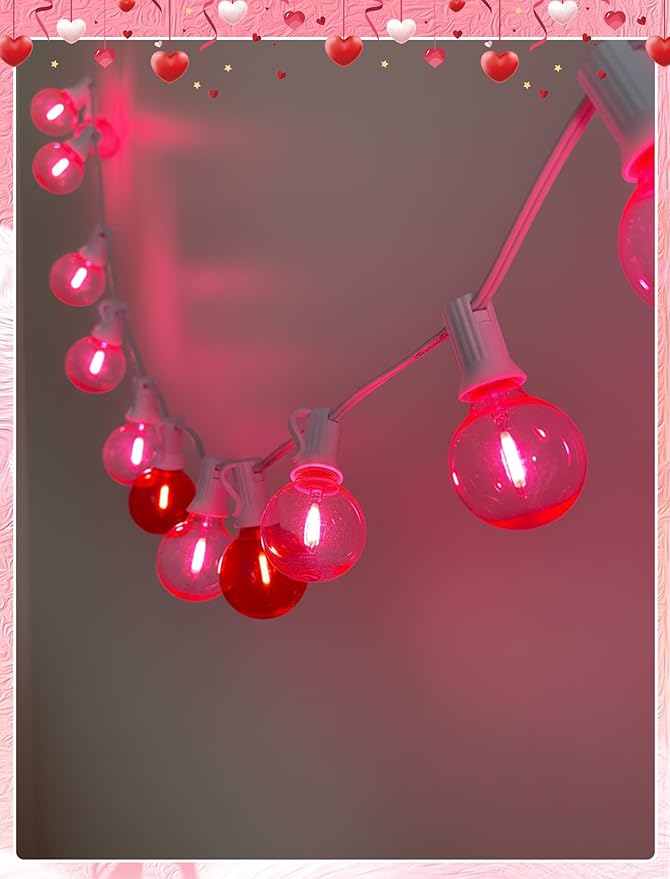 G40 LED Valentine’s Day String Lights, 50Ft Valentines Decorations Lights Outdoor with Clear Red Pink Round Bulbs, Hanging Patio Lights Shatterproof for Indoor Home Decor Wedding Party, White Wire