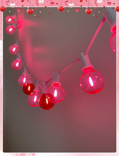 G40 LED Valentine’s Day String Lights, 50Ft Valentines Decorations Lights Outdoor with Clear Red Pink Round Bulbs, Hanging Patio Lights Shatterproof for Indoor Home Decor Wedding Party, White Wire