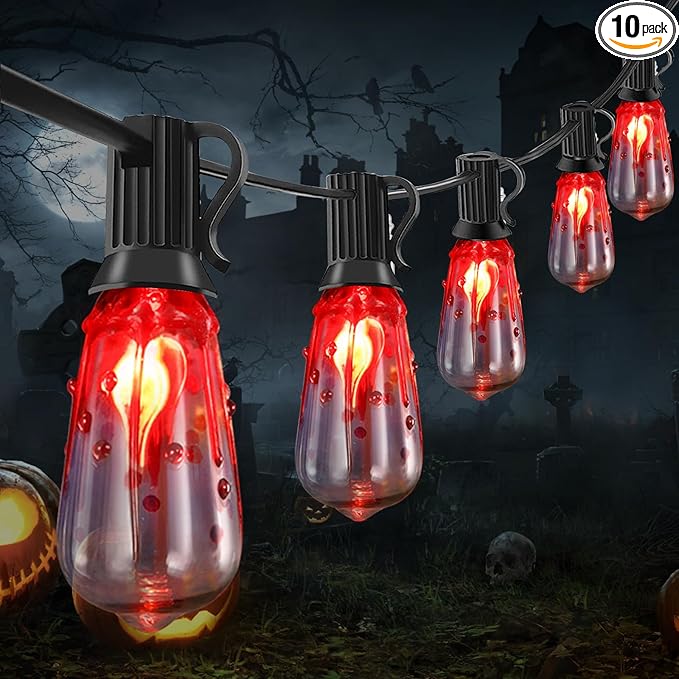 Halloween Flicker Flame String Lights Outdoor, 10Ft Halloween Decorations ST40 Lights with 10 Flicker Flame Bulbs for Patio, Party Decoration, Black Wire