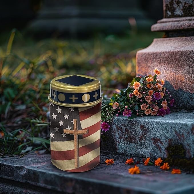 Across and American Flag Cemetery Solar Lights, Solar Powered Garden Stake Lights,Decorative Lights for Cemetery Grave Yard Patio Outdoor Decoration Memorial
