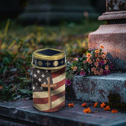 Across and American Flag Cemetery Solar Lights, Solar Powered Garden Stake Lights,Decorative Lights for Cemetery Grave Yard Patio Outdoor Decoration Memorial