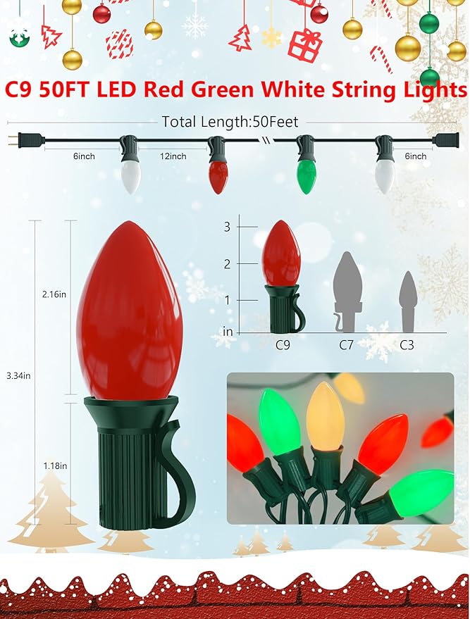 50Ft C9 LED Christmas Lights Outdoor, Vintage Christmas String Light Plug in with 52 Shatterproof C9 Red White | Lumora