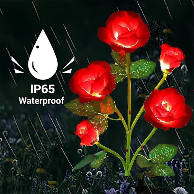 ANGMLN 2 Pack Solar Garden Lights Valentine's Day Decoration, Solar Flower Lights Outdoor Waterproof with 10 Head Red Rose 7-Color Changing Landscape Light for Pathway Garden Patio Yard