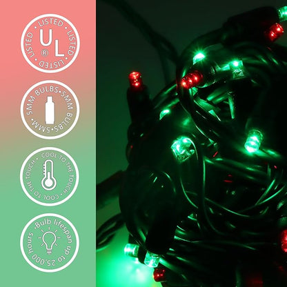 50 LED 5MM Red and Green Christmas Lights, 17FT Indoor/Outdoor String Light, Mini Lights for Garden, Patio, Christmas Trees - Green Wire, Commercial Grade, UL Listed