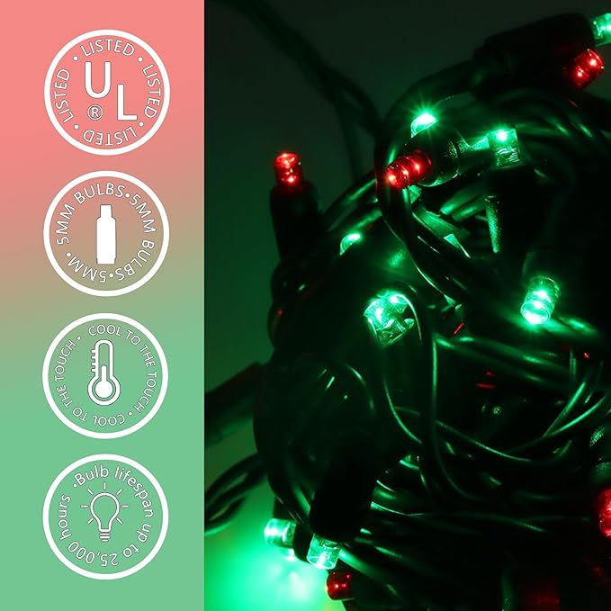 100 LED 5MM Red and Green Christmas Lights, 33FT Indoor/Outdoor String Light, Mini Lights for Garden, Patio | Lumora
