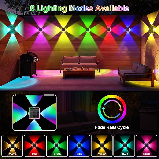Solar Fence Lights Outdoor, New 4-Way Lighting Fence Lights Solar Powered with 8 Modes Warm White/RGB, IP65 Waterproof Solar Wall Light for Backyard Wall Pathway Deck Patio Decor - 12 Pack