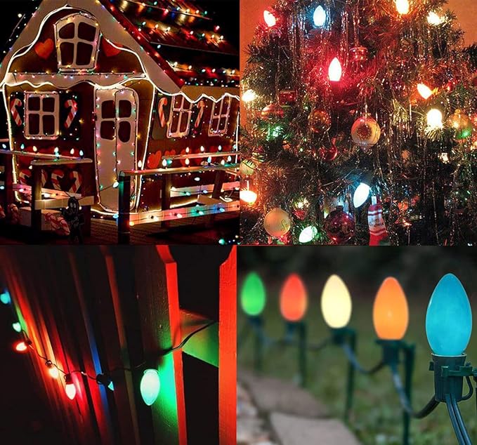 Couah C7 LED String Lights-25Ft Ceramic Vintage Multicolor Lights with 27 Colorful LED Bulbs (2 Spare), Outdoor String Lights for Christmas Party Backyard Wedding- Green Wire