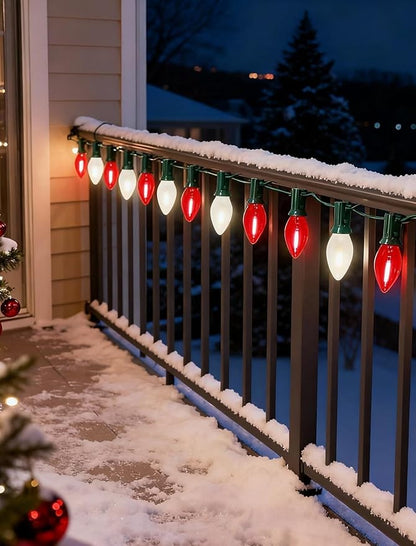Red and White Christmas Lights Outdoor,25ft C7 LED Christmas Lights with 27 Transparent Red and Frosted White Bulbs,Connectable Vintage Light for Patio Xmas Garden Party Holiday Decor