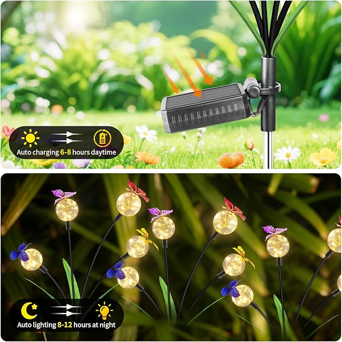 4-Pack Landscape Path Lights – Solar Butterfly Garden Lights, Outdoor Decorative Stakes with Globe Fairy Lights, Solar-Powered & Weatherproof for Yard, Flower Bed, Patio & Lawn Outdoor Decor
