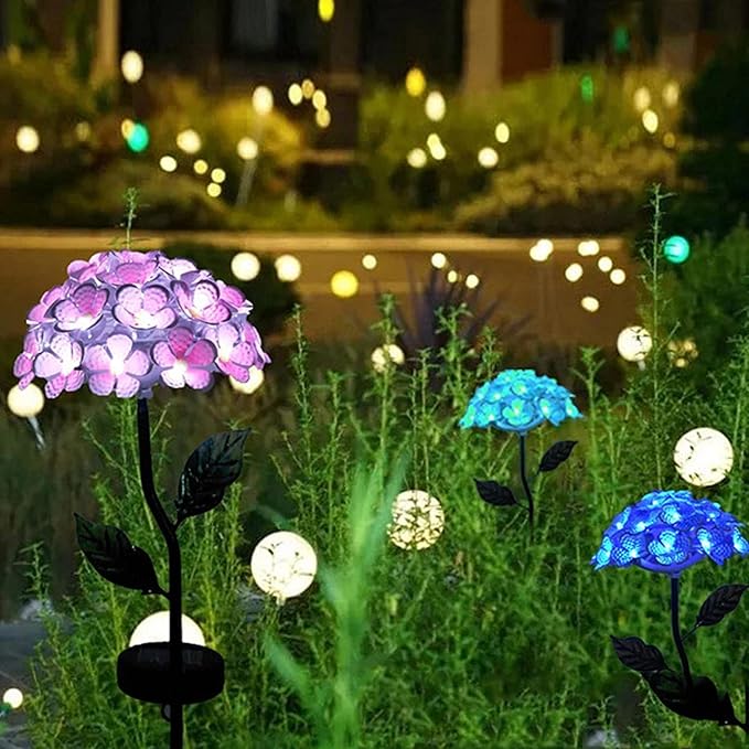 Solar Garden Lights Metal Flower Garden Stake Yard Art,Solar Hydrangea Stake Lights,Hydrangea Flowers Metal Stake With Solar Lights Outdoor,Waterproof LED Lights For Garden,Lawn,Patio,Courtyard ( Colo