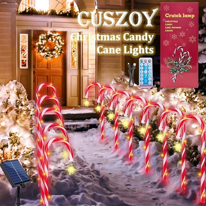 Candy Cane Lights Christmas Decorations, 12 Pack Solar Candy Cane Pathway Lights with 8 Modes and Timer, 72 LED | Lumora
