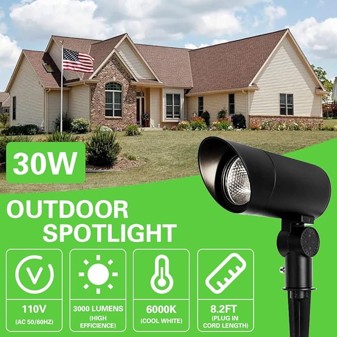 30W LED Landscape Spotlight, Flag Pole Light,110-260V Outdoor Spotlights Weatherproof Landscape Lighting with Stake US, 3-Plug 8.2FT Cord 2PACK, 3000LM,(6000K Cool White)