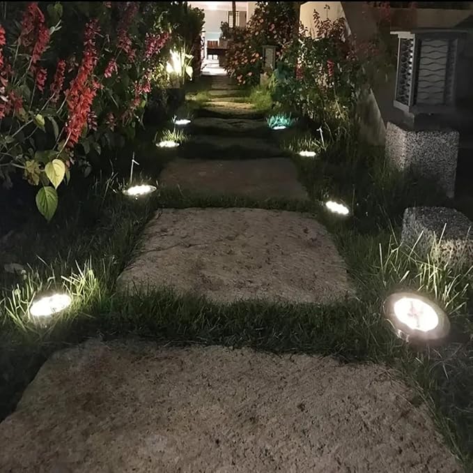 JT Morolux Solar Ground Lights, LED Disk Lights, White, Waterproof Outdoor Path Lights for Garden, Lawn, Walkway, Driveway (Warm White, 8)