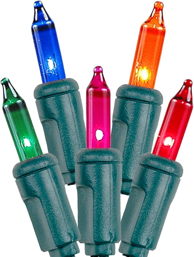 Novelty Lights 50 Feet 100 Bulbs Traditional Incandescent Mini Lights, Multicolor on Green Wire with 6" Spacing, Commercial Grade and UL Listed for Indoor/Outdoor Use, End-to-End Connectable