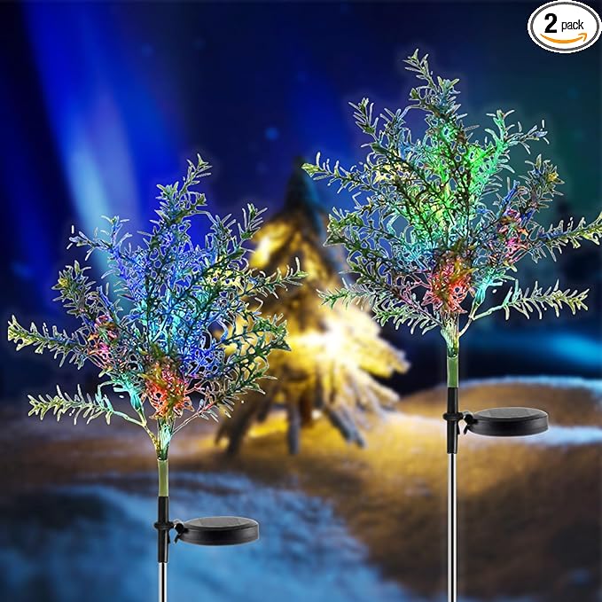 Outdoor Solar Flickering Tree Lights, Multi-Color Changing Solar Garden Lights LED Stake Christmas Tree Lights Flower for Garden, Patio, Yard and Decoration (2 Pack)