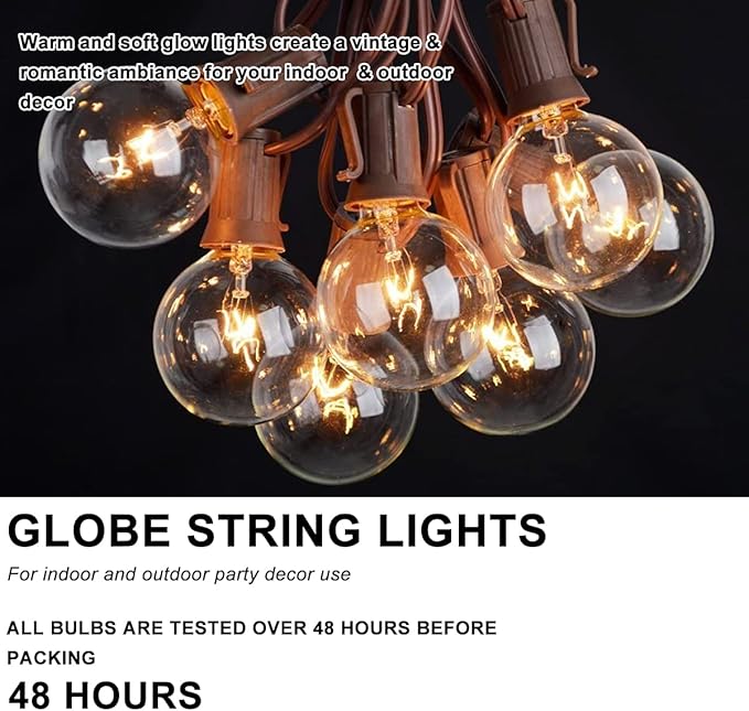 Abeja 25Ft Outdoor Patio String Lights with 27 Clear G40 Bulbs, UL Listed for Porch Bars Deck Wedding Party Markets | Lumora