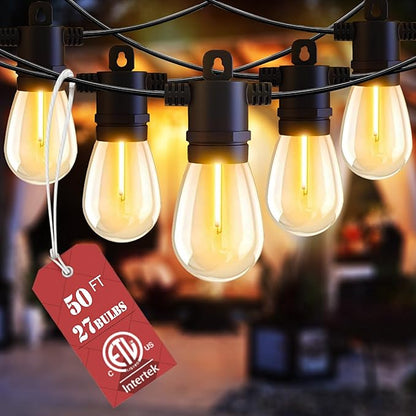 Outdoor String Lights, 50FT Patio String Lights with 27 S14 Vintage Waterproof & Shatterproof LED Bulbs, 2700K Hanging String Lights for Outside Backyard Cafe Garden Bistro Porch