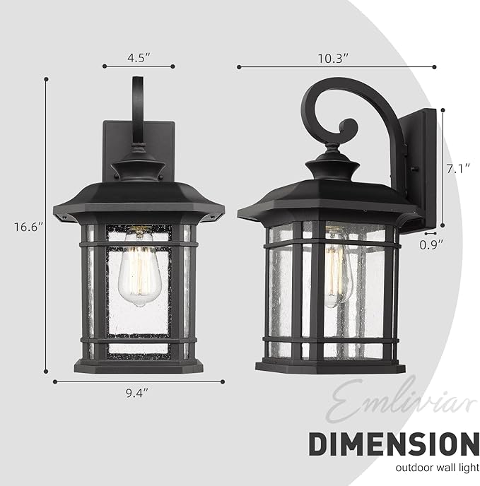 Emliviar Outdoor Wall Lights for House, 1-Light Exterior Wall Sconce Black Finish with Clear Seeded Glass, 17" | Lumora