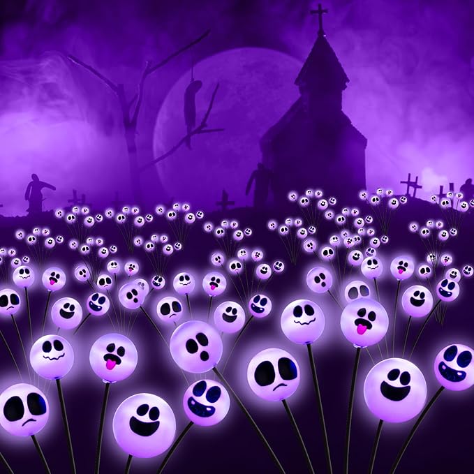 Tuanse 4 Pcs Outdoor Halloween Decorations Waterproof Halloween Solar Lights Scary Ghost Lights for Garden Yard Lawn Pathway (Purple)