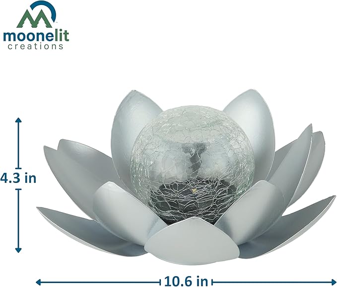 MCSLOTUS-S Silver Lotus Flower Solar LED Garden Light with Crackled Glass Globe – Waterproof Metal Outdoor Décor