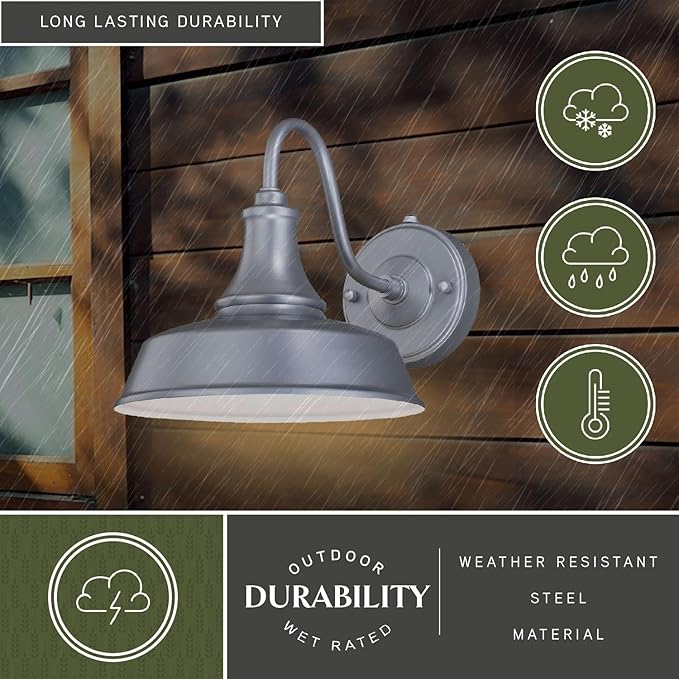 VAXCEL Dorado 9 in. H 1-Light Satin Silver and White Dusk to Dawn Sensor Farmhouse Outdoor Wall Sconce, Gooseneck Steel Shade, Dark Sky Compliant for Exterior Porch Patio Front Door or Garage